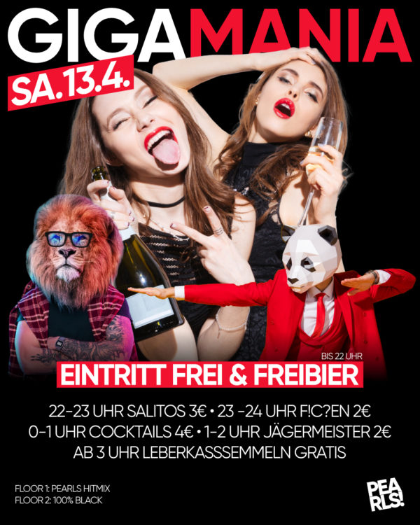 Sa.13.4.24 GIGA MANIA _____________ 🤜 DER ULTIMATIVE PARTY HAMMER _____________ Die legendären Specials! 🔥 Bis 22 Uhr: EINTRITT FREI und FREIBIER FÜR ALLE 🇲🇽 22 - 23 Uhr: Salitos 3€ 🥃 23 - 24 Uhr: F!c?en 2€ 🍹 0 - 1 Uhr: Cocktails 4€ 🦌 1 - 2 Uhr: Jägermeister 2€ 🔥 Ab 3 Uhr: Leberkassemmeln GRATIS _____________ Dein Party Samstag 😳 Die BESTE Musik 🥳 Party Tools for free 😎 Drink Specials SEI DABEI! _____________ 🔥🔥🔥🔥🔥 ▶ Floor 1: Pearls Hitmix by DJ Michael B ▶ Floor 2: 100% Black Music by DJ Juized 🔥🔥🔥🔥 Einlass 21 Uhr _____________ Mit Formular ab 16 bis 4 Uhr feiern Ohne Formular ab 16 bis 0 Uhr feiern _____________ NUR Abendkasse - Ticket 6€ _____________ Club PEARLS Nabburg Schlörstraße 1A 92507 Nabburg