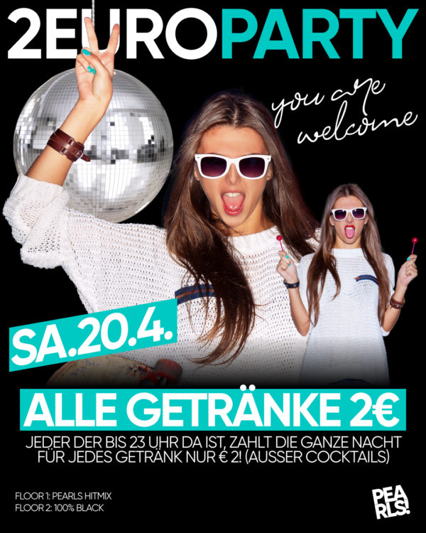 Sa.20.4.24 2 Euro PARTY _____________ 🤜 Alle Getränke € 2 ✅ Wirklich alle ❌ Ausser Cocktails Jeder der bis 23 Uhr da ist, zahlt die ganze Nacht für jedes Getränk nur € 2! Und wenn wir sagen für jedes Getränk dann meinen wir das auch so! Auch Red Bull, Longdrinks oder Salitos! (Ausser Cocktails) _____________ Dein Party Samstag 😳 Die BESTE Musik 🥳 Party Tools for free 😎 Drink Specials SEI DABEI! _____________ 🔥🔥🔥🔥🔥 ▶ Floor 1: Pearls Hitmix by MICHAEL B ▶ Floor 2: 100% Black Music by DJ YAKUZA 🔥🔥🔥🔥 Einlass 21 Uhr _____________ Mit Formular ab 16 bis 4 Uhr feiern Ohne Formular ab 16 bis 0 Uhr feiern _____________ NUR Abendkasse - Ticket 6€ _____________ Club PEARLS Nabburg Schlörstraße 1A 92507 Nabburg