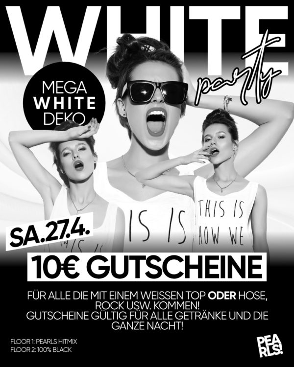 Sa.27.4.24 WHITE PARTY _____________ Bereit für die coolste Party des Jahres? Komm in weiß und werde Teil der Nacht die strahlt wie keine andere. Für jeden in Weiß gibt’s direkt einen 10€ Gutschein! Erlebe, wie dein Outfit unter dem Schwarzlicht zum Leben erwacht und unsere LED-Walls die Story der Nacht erzählen. Es wird episch! _____________ 🫶 10€ Gutschein 🫶 FÜR ALLE DIE MIT EINEM WEISSEN TOP ODER HOSE, ROCK USW. KOMMEN! GUTSCHEINE GÜLTIG FÜR ALLE GETRÄNKE UND DIE GANZE NACHT! _____________ Dein Party Samstag 😳 Die BESTE Musik 🥳 Party Tools for free 😎 Drink Specials SEI DABEI! _____________ 🔥🔥🔥🔥🔥 ▶ Floor 1: Pearls Hitmix by MICHAEL B ▶ Floor 2: 100% Black Music by DJ JUIZED 🔥🔥🔥🔥 Einlass 21 Uhr _____________ Mit Formular ab 16 bis 4 Uhr feiern Ohne Formular ab 16 bis 0 Uhr feiern _____________ NUR Abendkasse - Ticket 6€ _____________ Club PEARLS Nabburg Schlörstraße 1A 92507 Nabburg