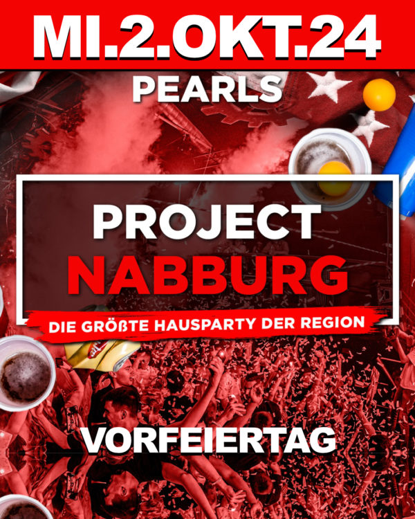 ❌ PROJECT NABBURG ❌ Sei dabei, wenn NABBURG Geschichte schreibt und erlebe eine Nacht, die du niemals vergessen wirst. Am 02. Oktober zum Vorfeiertag starten wir die größte Hausparty der Region im Pearls. An diesem Abend wollen wir alle Maßstäbe sprengen - wirklich alle! 🚀 PARTY REKORD Sage allen deinen Freunden Bescheid - es soll einfach jeder von dieser Party erfahren! ! ❗Es wird die größte Party des Jahres! ❗️ 🚗 NINTENDO GAMES In unserer Gaming-Lounge starten wir ein großes Mario-Kart Turnier! Auf die Gewinner warten coole Geschenke und Freigetränke. 🍕 BOCK AUF PIZZA Wir bestellen für 00:00 gratis Pizza für den ganzen Club! 👮‍♀️ POLIZEI EINSATZ Zwischen 02 Uhr und 03 Uhr ertönt für 2 Minuten die Polizeisirene und es gibt am DJ Pult gratis Shots! 👌 BESOFFEN ZU OFFEN Von Beer Pong bis zu Trichter Trinken – unsere Drunken Games sorgen für Spaß! 💯 WAS GEHT HIER AB!? An JEDER BAR gibt es gratis Süßigkeiten und Chips! 🎂 CAKE BOMBS Wer lässt sich eine Torte ins Gesicht schmeißen? ✌🏻 ONE NIGHT STAND ODER GROßE LIEBE Farbige Knicklichter zeigen, was du willst und dunkle Ecken laden zum Knutschen ein! Grün: One Night Stand - Ich bin für Alles offen! 😉 Gelb: Ich suche eher was festes - Probiere dein Glück! Rot: Vergiss es! Ich bin nur zum Feiern hier. 🤫 WENN DEINE MUTTER WÜSSTE Wir machen einen Wet-T-Shirt-Contest. Das Publikum entscheidet, wer gewinnt und ein gratis Vodka Boot bekommt! 🔥 PURE ESKALATION » Sichere dir beim DJ GRATIS KONDOME! » Wir schießen mit TEQUILA PISTOLEN rum! 🎉 NABBURG RASTET AUS! Konfetti Bomben, CO2 Eskalation, XXL Ballons & vieles mehr! ✘✘✘ MUSIC ✘✘✘ Party auf 2 Floors! MAIN-FLOOR - EDM, Charts, Techno, 90er & 2000er - BLACK FLOOR - Best of Black & Deutschrap - ✘✘✘ TICKETS ✘✘✘ unter https://bit.ly/project_nabburg Der Vorverkauf ist ab sofort geöffnet! Early Bird Ticket: 7,90€ (die ersten 200 Tickets) Normales Ticket: 9,90€ ✘✘✘ INFOS ✘✘✘ ・ Geöffnet ab 21:00 ・ Vorfeiertag, 02.10.2024 ・ Pearls Nabburg ・ P16 mit Partyzettel