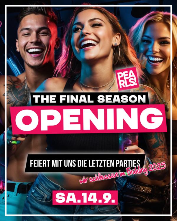 Sa.14.9.24 ❌ OPENING ❌ The Final Season 35 Jahre haben wir durchgehalten, der Name hat sich geändert! Zuerst PARAMOUNT, dann ARENAPARK und zu guter Letzt PEARLS, wir waren immer die gleichen. Feiert mit uns die FINAL SEASON! Lasst uns dieses Saison zur härtesten ever machen! Exzessive Parties, aussergewöhnliche Specials und mega Revivals es wird Wahnsinn. Wir schließen im Frühling 2025! 🔥🔥🔥 35 Jahre Ticket Special ❌ Eintritt 3,50€ ❌ Wenn ihr bis 22:30 Uhr zu zweit kommt und das Codewort "FINAL" an der Kasse sagt. 🔥 35 Jahre Bring Your Mom Special ❌ Ein Cocktail gratis ❌ Gäste über 35 Jahre erhalten einen Cocktail gratis 🔥🔥🔥 🔥 FREE GIVE AWAYS 🔥 ❌ Konfetti Shooter ❌ LED Festival Sticks ❌ Neon Sonnenbrillen 🔥🔥🔥 🔥 SICK PARTY GAMES 🔥 ❌ Mega Gewinne ❌ XXL Beerpong Area ❌ Torwandschießen ❌ Glücksrad 🔥 DRINK SPECIALS 🔥 🔥 Cool Drinks - Hot Party 🔥 ❌ Salitos €3 ❌ Salitos Pink €3 ❌ Cola, Fanta, Mezzo €2 ❌ Alle Klopfer €2 ❌ Cuba €4 ❌ Boot "S" €29 ❌ (0.5l Vodka + 3 RedBull) 🔥 FESTIVAL ACTION 🔥 🔥 Super XXL 🔥 ❌ CO2 Cool ❌ Gun Action ❌ Lasershow ❌ Festival ❌ Light Show _____________ 🔥🔥🔥🔥🔥 ▶ Floor 1: Pearls Hitmix ▶ Floor 2: 100% Black Music DJ YAKUZA 🔥🔥🔥🔥 Einlass 21 Uhr _____________ Mit Formular ab 16 bis 4 Uhr feiern Ohne Formular ab 16 bis 0 Uhr feiern _____________ Abendkasse - Eintritt 6€ _____________ Club PEARLS Nabburg Schlörstraße 1A 92507 Nabburg