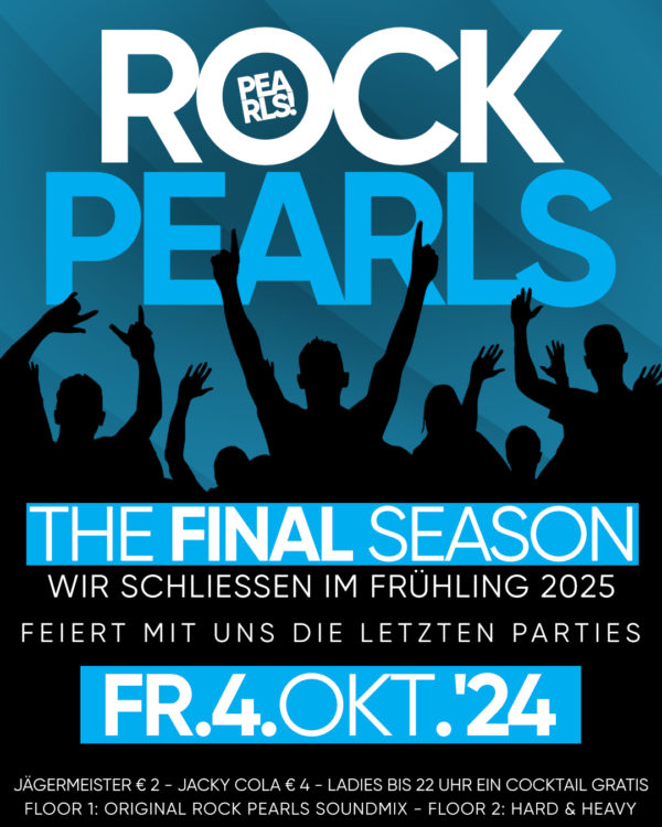 Freitag, 4.10.24 ROCK PEARLS ❌❌❌ THE FINAL SEASON ❌❌❌ Wir schließen im Frühling 2025 Feiert mit uns die letzten Parties 🎸🎸🎸🎸🎸 🩵 Ladies bis 22 Uhr ein Cocktail gratis! 🦌 Jägermeister € 2 🥃 Jack Cola € 4 🎸🎸🎸🎸🎸 🎸 Grosse Discothek: Original Rock Pearls Soundmix DJ Marcus & DJ Mathias 🎸 Kleine Discothek: Hard and Heavy DJ Thorsten 🎸 🎸🎸🎸🎸🎸 🎸 Einlass 21 Uhr Eintritt nur € 6 Ab 18 Jahren 🎸 🎸🎸🎸🎸🎸 🎸 Club PEARLS Nabburg Schlörstraße 1A 92507 Nabburg