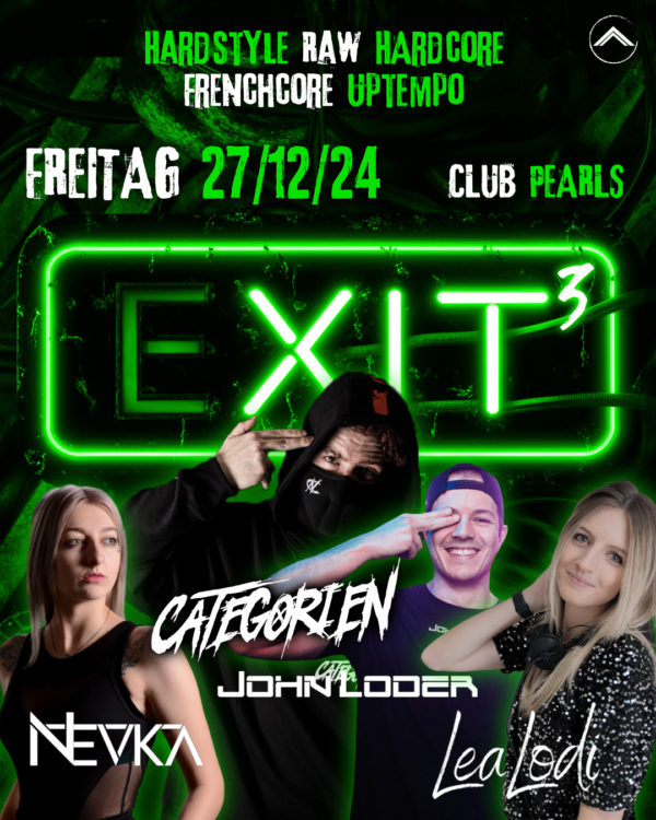 Fr.27.12.24 ⚠️☢️⛔️ eXIT 3 ⚠️☢️⛔️ HARDSTYLE ☢️ RAW ☢️ HARDCORE ☢️ FRENCHCORE ☢️ UPTEMPO Starring 🚨 DJ CategorieN 🚨 DJ John Loder 🚨 DJane Nevka 🚨 DJane Lea Lodi ⚠️☢️⛔️ Einlass 21 Uhr _____________ Mit Formular ab 16 bis 4 Uhr feiern Ohne Formular ab 16 bis 0 Uhr feiern _____________ NUR Abendkasse - Ticket 8€ _____________ Club PEARLS Nabburg Schlörstraße 1A 92507 Nabburg