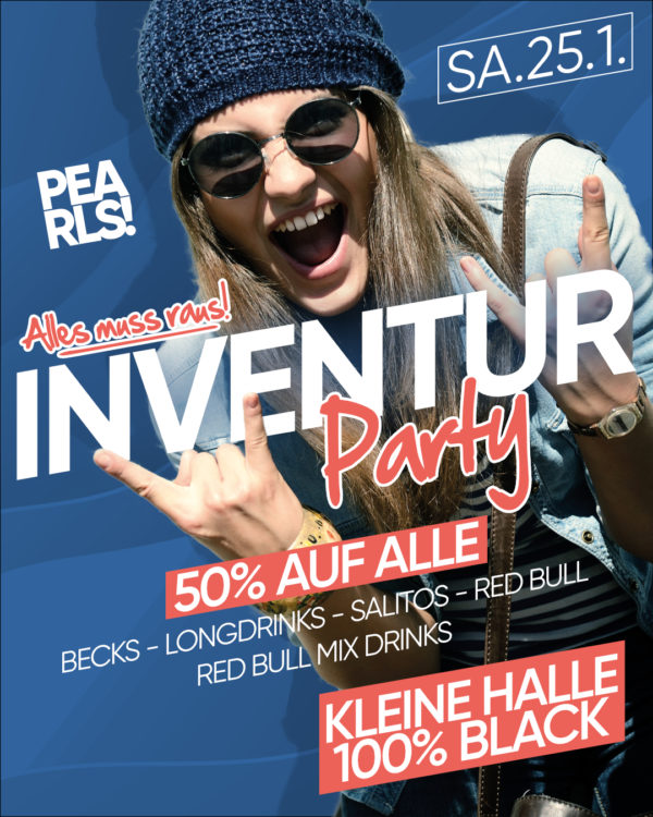 Sa.25.1.25 ❌ INVENTUR PARTY ❌ 🤑🤑🤑🤑 Alles muss raus! ✅ 50% auf alle Becks ✅ 50% auf alle Longdrinks ✅ 50% auf alle Salitos ✅ 50% auf alle auf alle RED BULL ✅ 50% auf alle auf alle RED BULL Mix ✅ 50% auf alle Klopfer Achtung: 25cent und 75cent Beträge werden immer auf 50cent bzw. 1€ aufgerundet 🤑🤑🤑🤑 ▶ Floor 1: Pearls Hitmix ▶ Floor 2: 100% Black Music 🤑🤑🤑🤑 Einlass 21 Uhr _____________ Mit Formular ab 16 bis 4 Uhr feiern Ohne Formular ab 16 bis 0 Uhr feiern _____________ NUR Abendkasse - Ticket 6€ _____________ Club PEARLS Nabburg Schlörstraße 1A 92507 Nabburg
