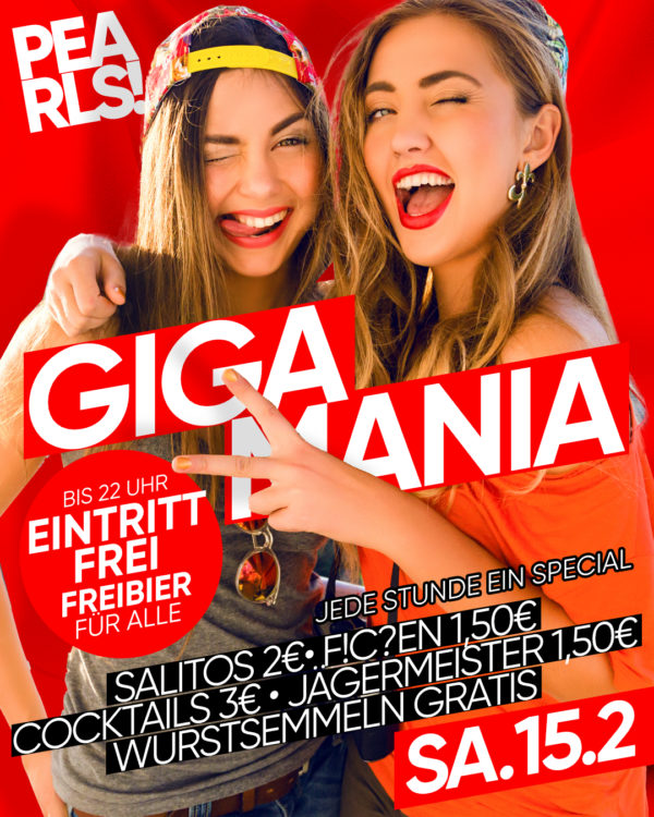 Sa.15.Feb.25 GIGA MANIA _____________ 🤜 DER ULTIMATIVE PARTY HAMMER _____________ Die legendären Specials! 🔥 Bis 22 Uhr: EINTRITT FREI und FREIBIER FÜR ALLE 🇲🇽 22 - 23 Uhr: Salitos 2€ 🥃 23 - 24 Uhr: F!cken 1,50€ 🍹 0 - 1 Uhr: Cocktails 3€ 🦌 1 - 2 Uhr: Jägermeister 1,50€ 🔥 Ab 3 Uhr: Leberkassemmeln GRATIS _____________ Dein Party Samstag 😳 Die BESTE Musik 🥳 Party Tools for free 😎 Drink Specials SEI DABEI! _____________ 🔥🔥🔥🔥🔥 ▶ Floor 1: Pearls Hitmix by ▶ Floor 2: 100% Black Music by 🔥🔥🔥🔥 Einlass 21 Uhr _____________ Mit Formular ab 16 bis 4 Uhr feiern Ohne Formular ab 16 bis 0 Uhr feiern _____________ NUR Abendkasse - Ticket 6€ _____________ Club PEARLS Nabburg Schlörstraße 1A 92507 Nabburg