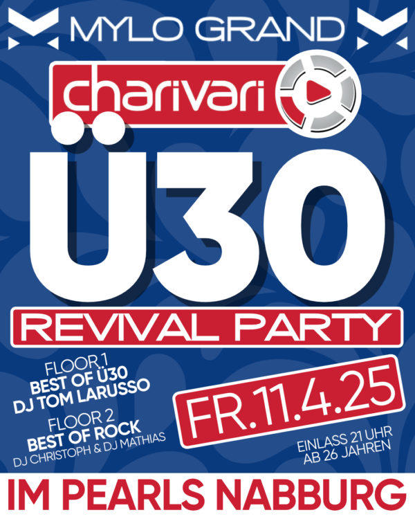 Fr.11.4.25 Charivari - Mylo - Ü30 - Revival Party 😎😎😎😎😎 Die legendärste Ü30 Party der Oberpfalz kehrt EINMALIG zurück. ✅ mit dem original Konzept ✅ mit den original DeeJays ✅ mit dem original Team ... und wenn du dabei bist mit den original Gästen ✅ Sei dabei! Feiern wie früher! EINMALIG am Freitag, 11. April 2025 😎😎😎😎😎 🥂🥂🥂🥂🥂🥂🥂🥂🥂🥂🥂🥂 🥂 Sektempfang bis 22 Uhr 🥂🥂🥂🥂🥂🥂🥂🥂🥂🥂🥂🥂 😎😎😎😎😎 The Grand: 😎 Best of Ü30 Sound by Tom Larusso The Club: 😎 Best of Rock mit DJ Mathias & DJ Christoph 😎😎😎😎😎 Ab 21 Uhr Ab 26 Jahren Eintritt € 8 __________ Club PEARLS Nabburg Schlörstraße 1A 92507 Nabburg