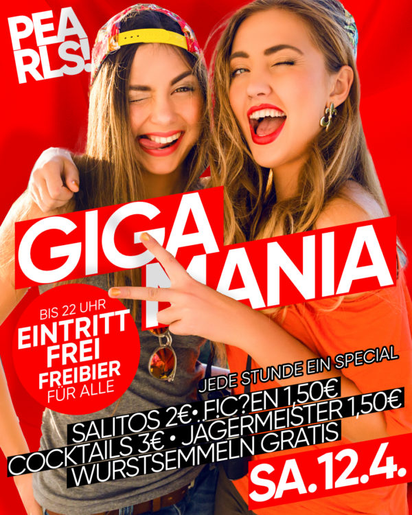 Sa.12.April.25 GIGA MANIA _____________ 🤜 DER ULTIMATIVE PARTY HAMMER _____________ Die legendären Specials! 🔥 Bis 22 Uhr: EINTRITT FREI und FREIBIER FÜR ALLE 🇲🇽 22 - 23 Uhr: Salitos 2€ 🥃 23 - 24 Uhr: F!cken 1,50€ 🍹 0 - 1 Uhr: Cocktails 3€ 🦌 1 - 2 Uhr: Jägermeister 1,50€ 🔥 Ab 3 Uhr: Leberkassemmeln GRATIS _____________ Dein Party Samstag 😳 Die BESTE Musik 🥳 Party Tools for free 😎 Drink Specials SEI DABEI! _____________ 🔥🔥🔥🔥🔥 ▶ Floor 1: Pearls Hitmix ▶ Floor 2: 100% Black Music 🔥🔥🔥🔥 Einlass 21 Uhr _____________ Mit Formular ab 16 bis 4 Uhr feiern Ohne Formular ab 16 bis 0 Uhr feiern _____________ NUR Abendkasse - Ticket 6€ _____________ Club PEARLS Nabburg Schlörstraße 1A 92507 Nabburg
