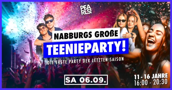🔥 TEENIEPARTY NABBURG🔥 Es geht wieder los! Nach einem halben Jahr ist es mal wieder an der Zeit richtig mit euch zu eskalieren. Die große Teenieparty Nabburg für alle 11 - 16 Jährigen ist zurück im Pearls und das feiern wir am 06.09. mit ganz viel Konfetti, euren Lieblingshits und natürlich mit euch!❤️ Zur ersten Party der letzten Saison lassen wir es ordentlich krachen mit euch! 🎉 SPECIALS 🎉 ► DIE ERSTE TEENIEPARTY DER NEUEN SAISON ► HUNDERTE GRATIS GIVE AWAYS & LED LEUCHTSTÄBE ► STÜNDLICHER GROßER KONFETTI-COUNTDOWN ► SPECIAL TEENIE DISCO ANIMATIONSTEAM & DJs ► MEGA CO2 BOOSTER ► ALKOHOLFREIE COCKTAILS & SOFTDRINKS 🎵 MUSIC 🎵 Wir spielen für euch das Beste vom Besten! •⁠ ⁠Charts, EDM, Techno, Deutschrap, 2000er & 2010er - by SOUNDBYSTYLE & ANIMATIONSTEAM 🎟 TICKETS 🎟 unter www.pearls-nabburg.ticket.io oder an der Tageskasse! Ticket-Vorverkauf Start ab 10.07. um 18 Uhr! ℹ️ INFOS ℹ️ •⁠ ⁠Samstag, 06.09.2025 •⁠ ⁠Pearls Nabburg •⁠ ⁠Start: 16:00 •⁠ ⁠Ende: 20:30 •⁠ ⁠Alter: 11 - 16 Jahren ❤️ Wir verlosen 10 x Freikarten unter Allen, die diesen Beitrag in ihrer Story REPOSTEN! ❌ KEIN ALKOHOL ❌ ABSOLUTES RAUCHVERBOT ⚠️ Das Mitführen einen Dokuments zum Altersnachweis ist verpflichtend! z.B. Reisepass, Personalausweis, Schülerausweis, Krankenkassenkarte oder Ähnliches! Weniger anzeigen